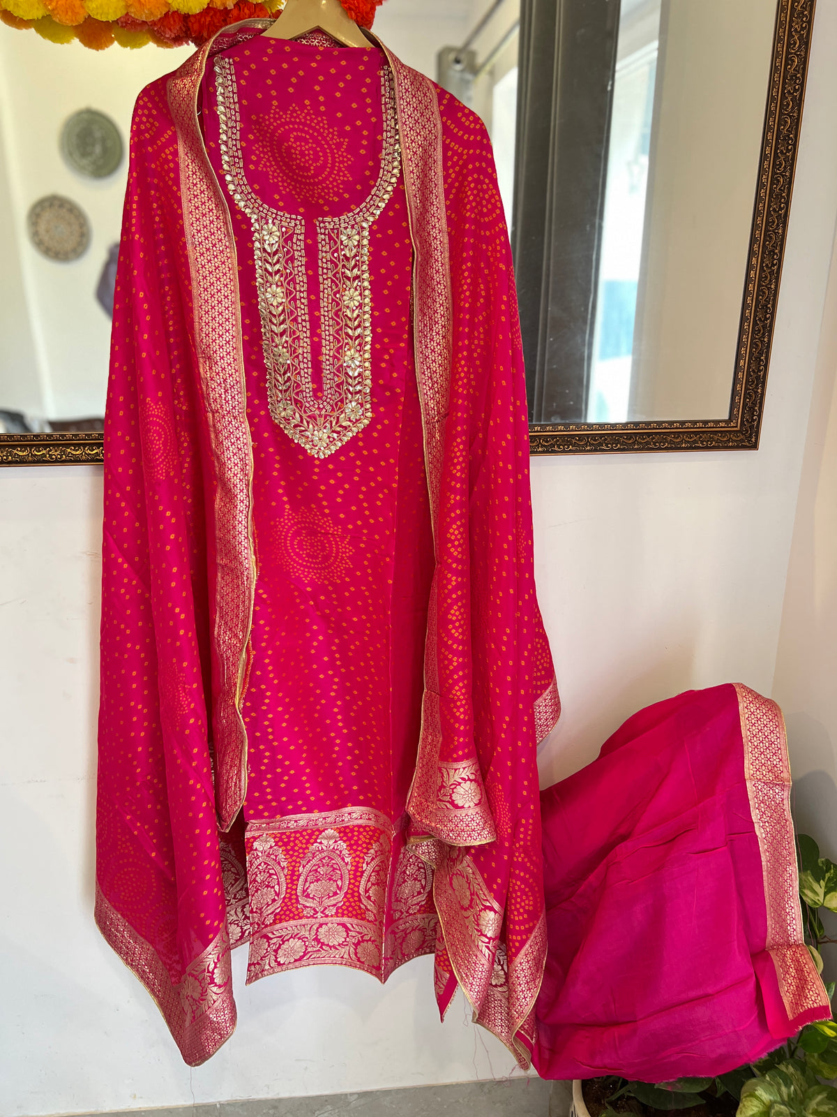 Fuchsia Pink Bandhani Gota Patti Suit