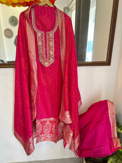 Fuchsia Pink Bandhani Gota Patti Suit