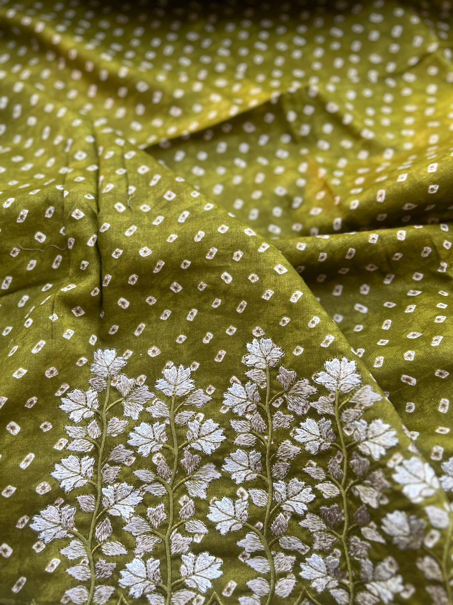 Olive Green Jam Satan Cotton suit set with Chiffon Bandhani Dupatta