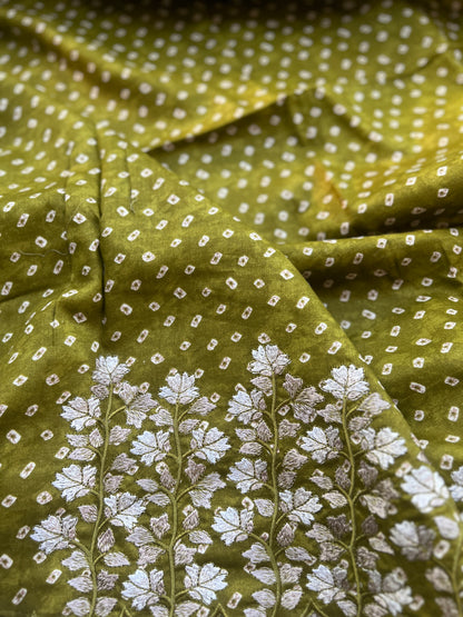 Olive Green Jam Satan Cotton suit set with Chiffon Bandhani Dupatta