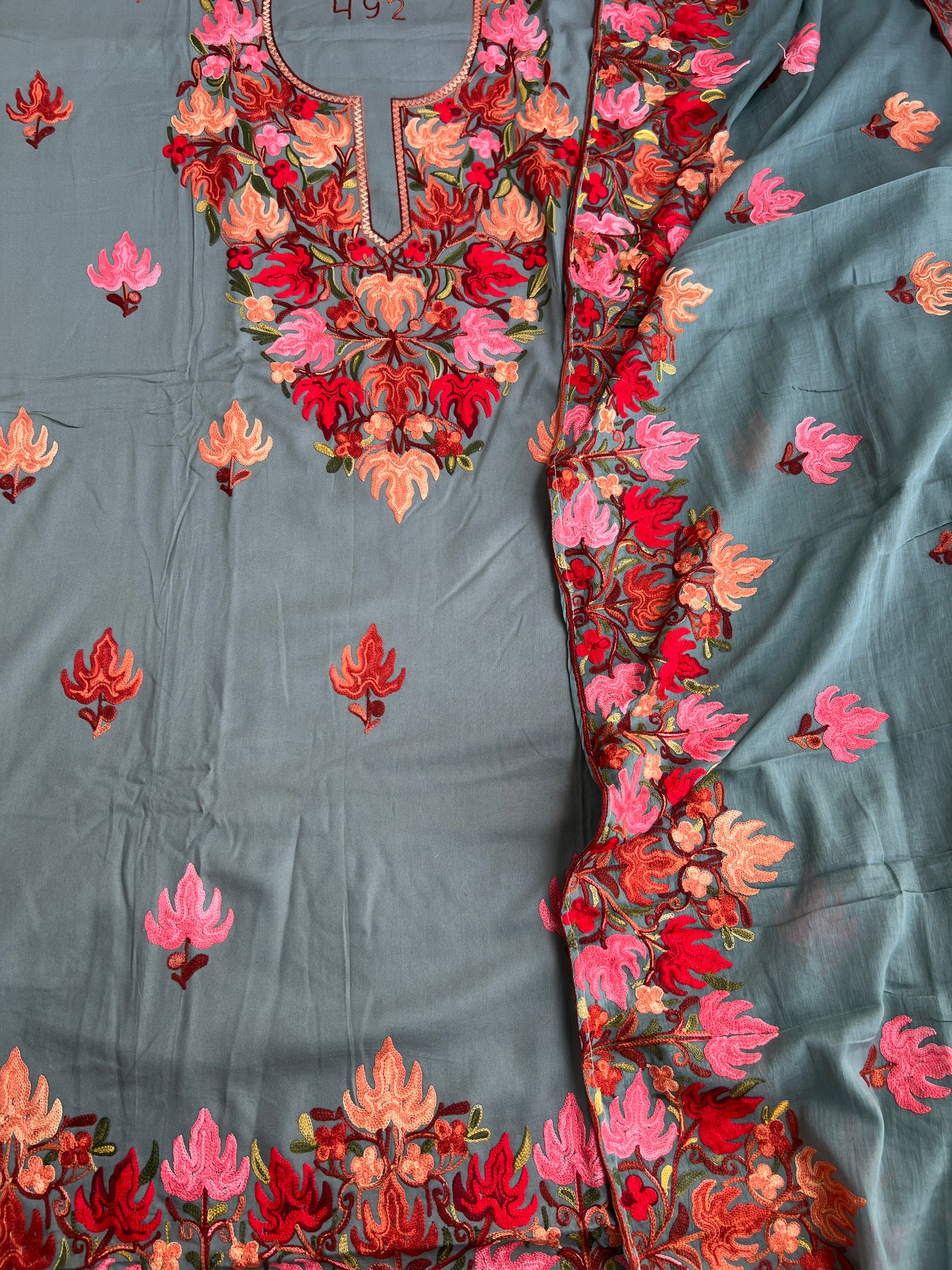 Kashmiri Chinar Embroidery Suit with Mal Cotton Full-Length Dupatta