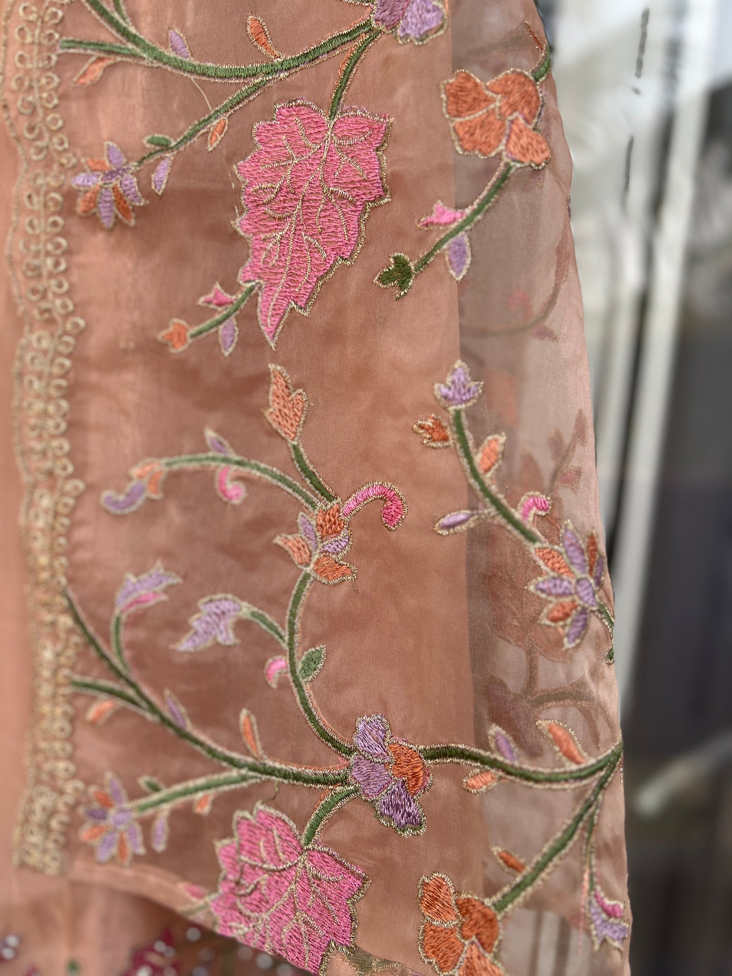 Pastel Peach Embroidered Organza Suit