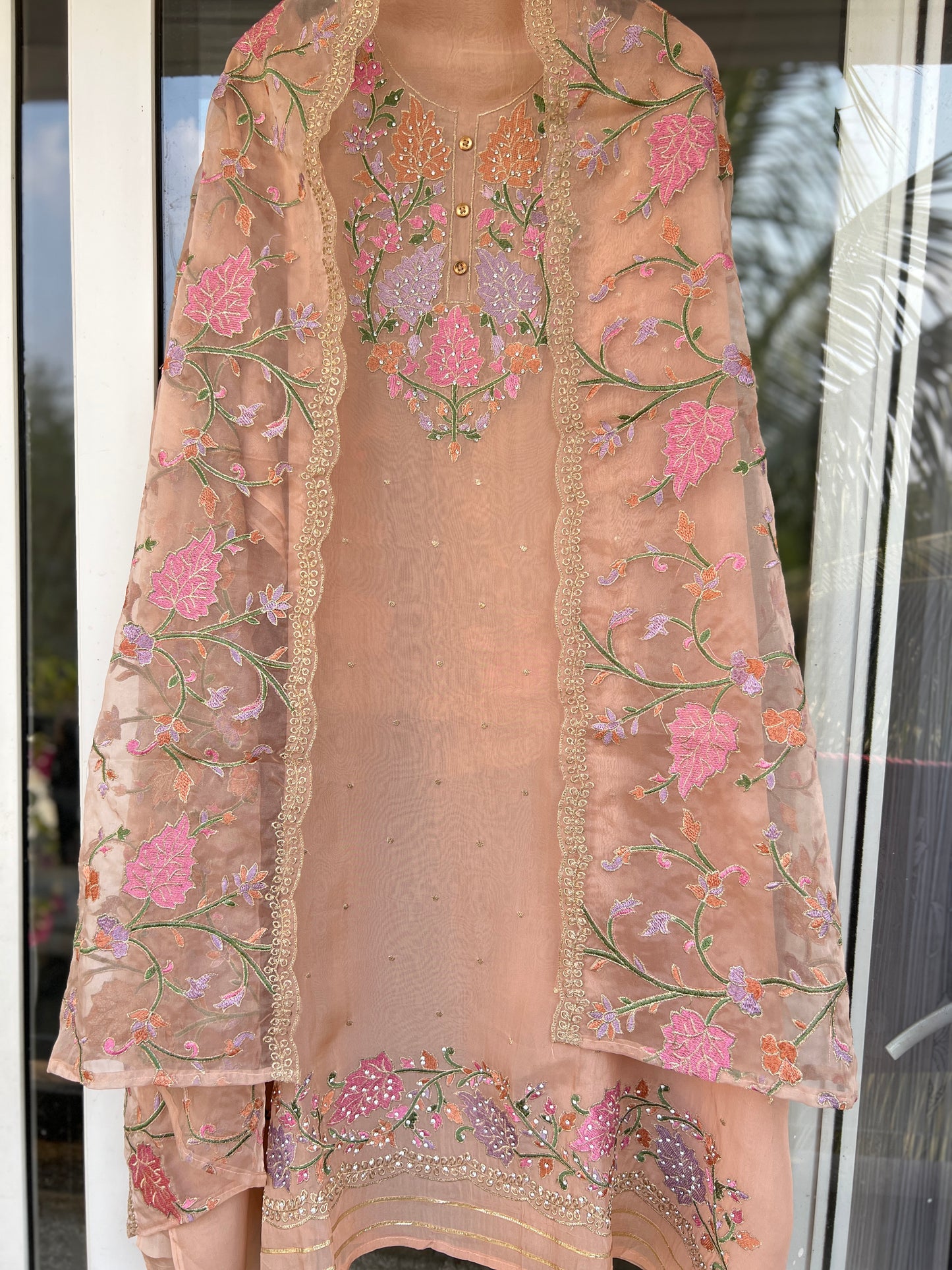 Pastel Peach Embroidered Organza Suit
