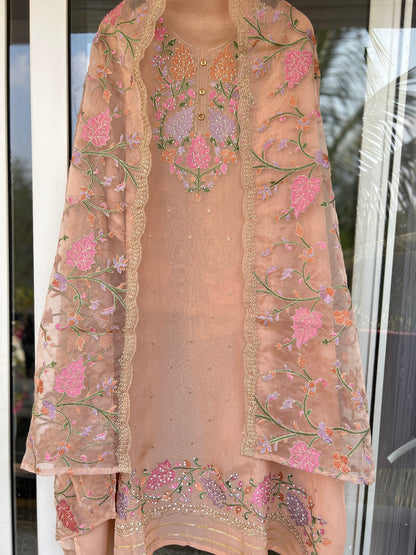 Pastel Peach Embroidered Organza Suit