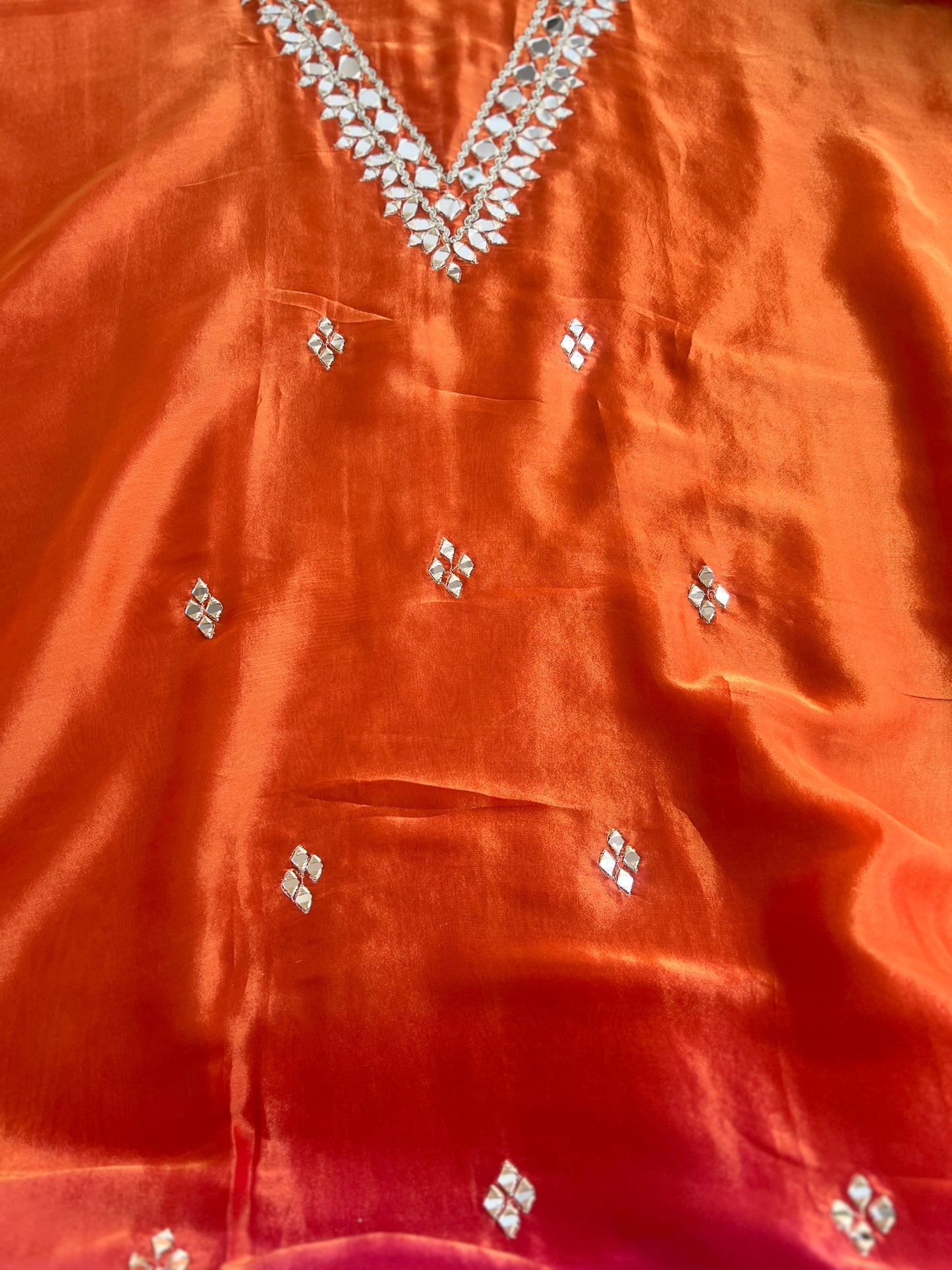 Radiant Ombre Silk Suit with Handcrafted Mirror & Gota Detailing