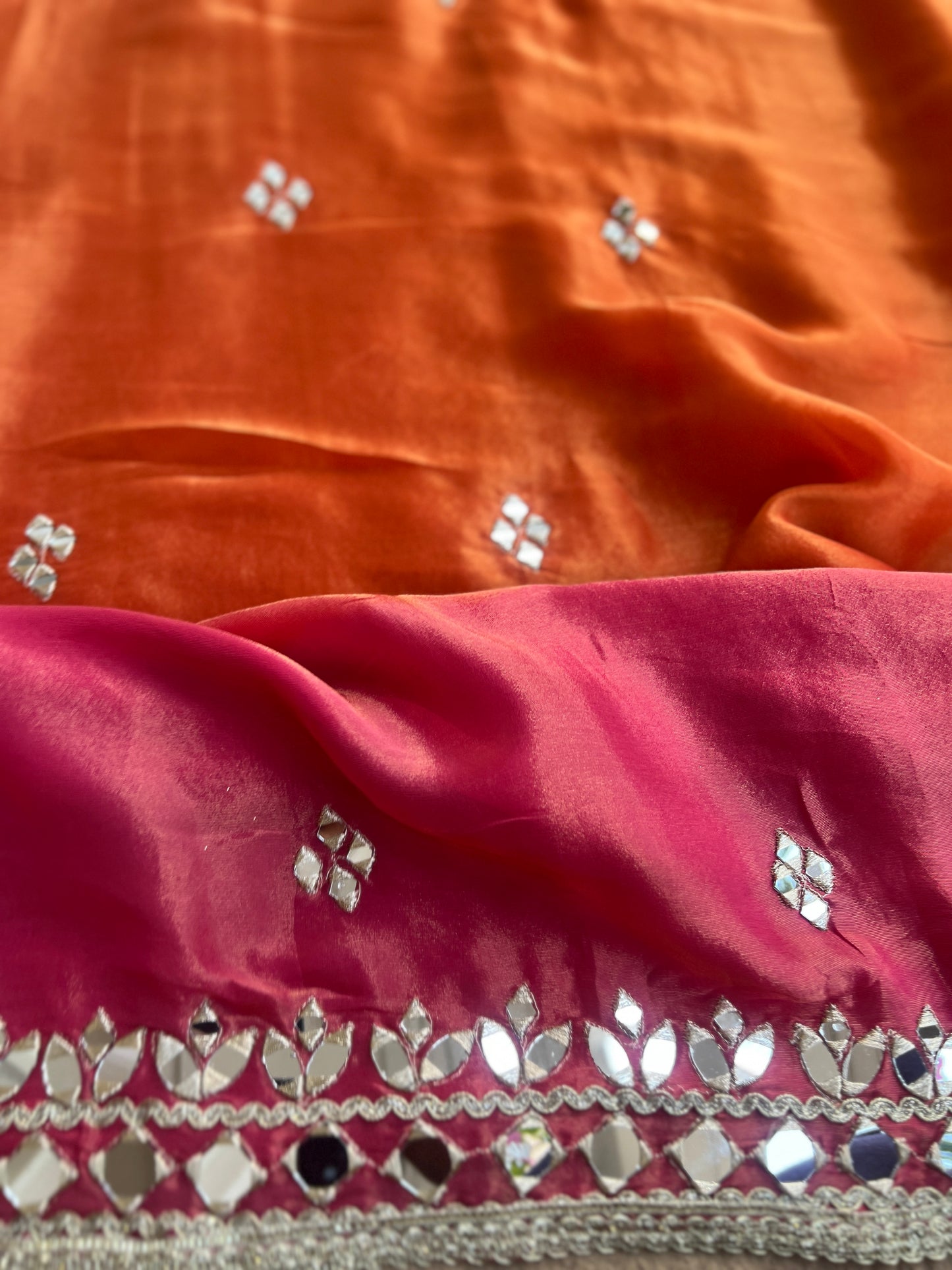 Radiant Ombre Silk Suit with Handcrafted Mirror & Gota Detailing