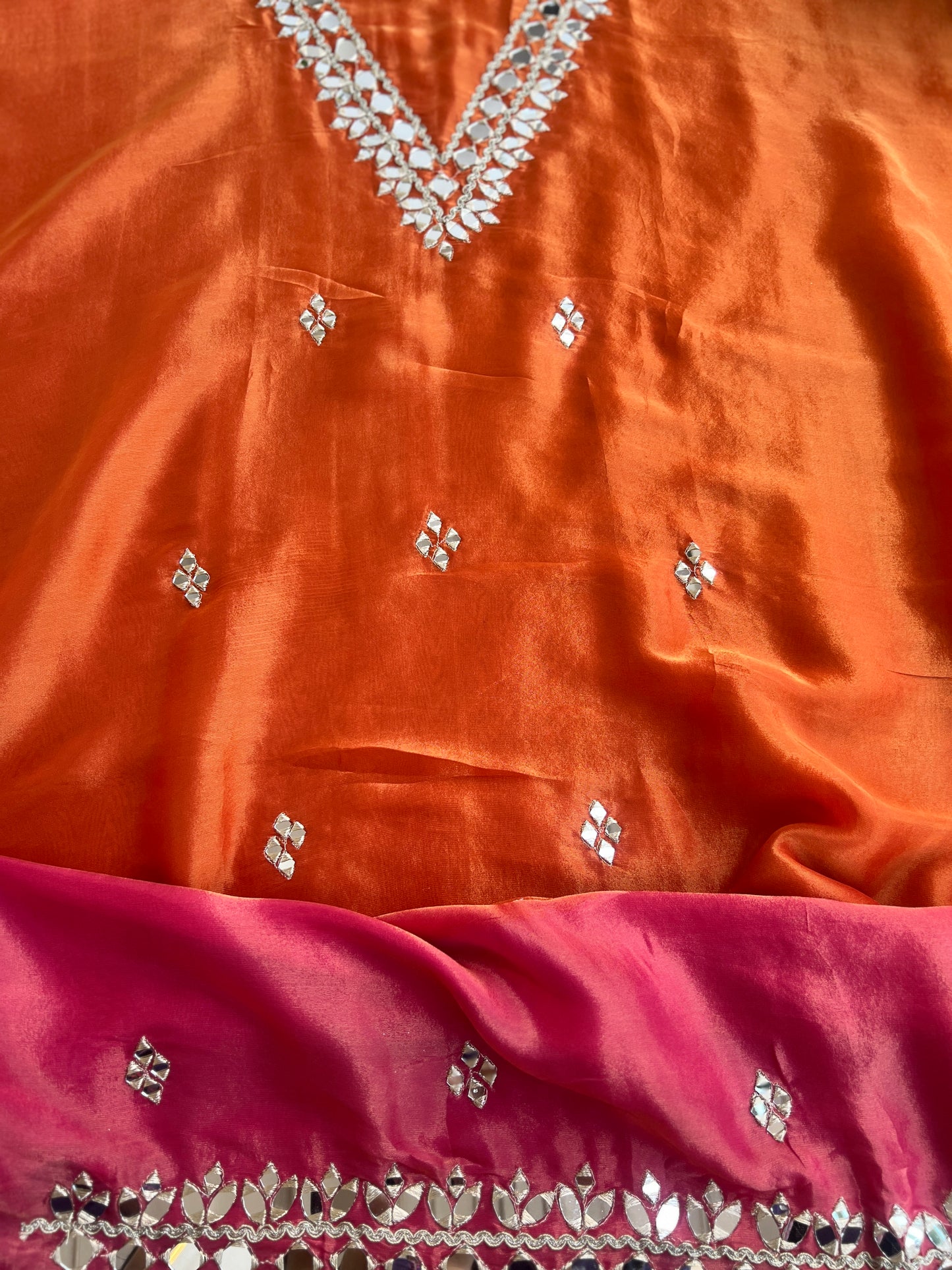 Radiant Ombre Silk Suit with Handcrafted Mirror & Gota Detailing