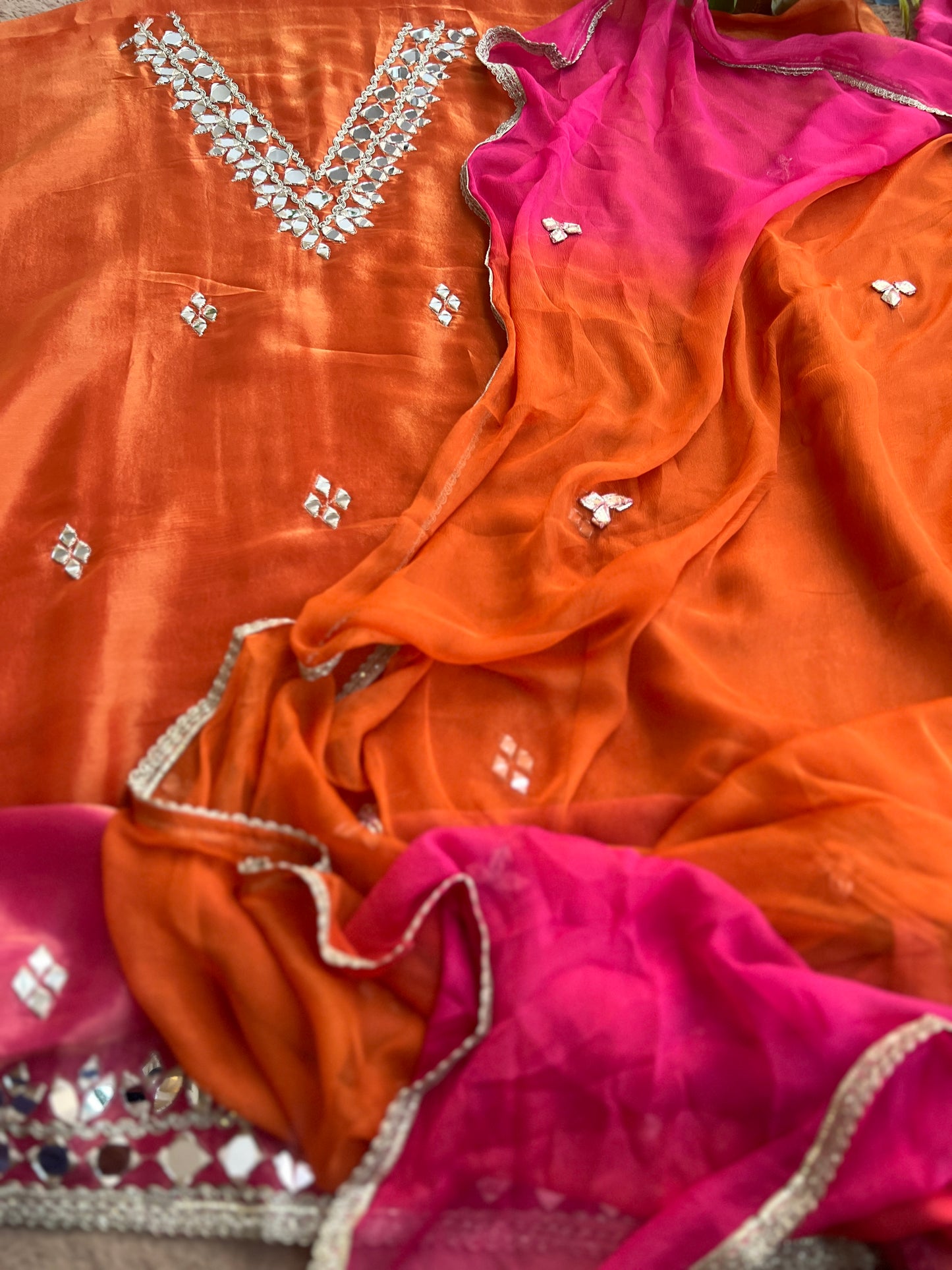 Radiant Ombre Silk Suit with Handcrafted Mirror & Gota Detailing