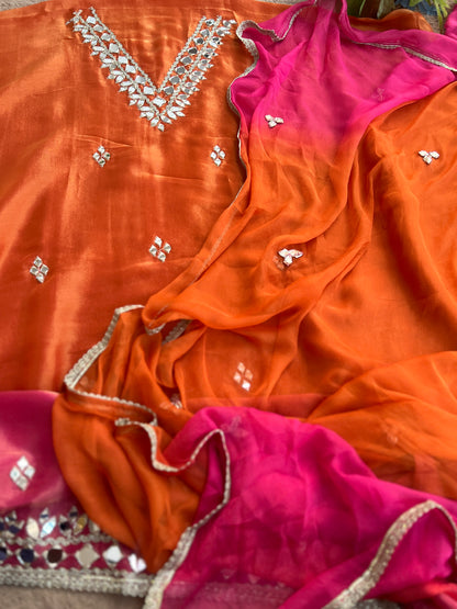 Radiant Ombre Silk Suit with Handcrafted Mirror & Gota Detailing