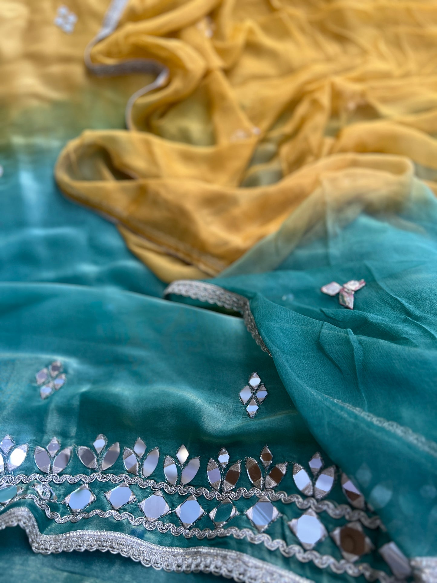 Radiant Ombre Silk Suit with Handcrafted Mirror & Gota Detailing