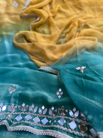 Radiant Ombre Silk Suit with Handcrafted Mirror & Gota Detailing