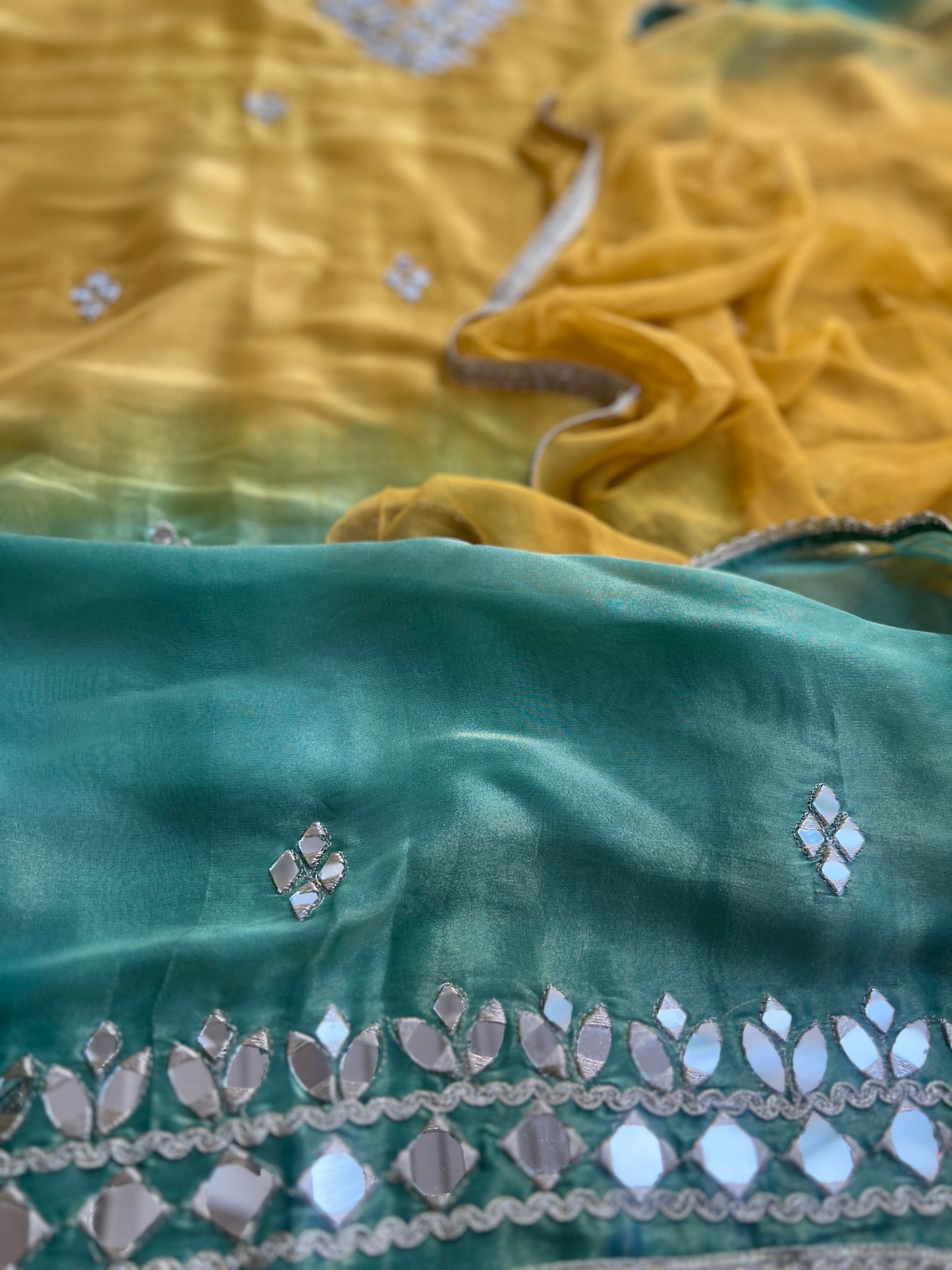 Radiant Ombre Silk Suit with Handcrafted Mirror & Gota Detailing