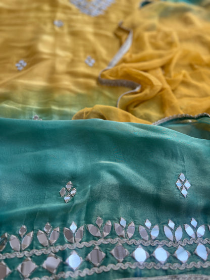 Radiant Ombre Silk Suit with Handcrafted Mirror & Gota Detailing