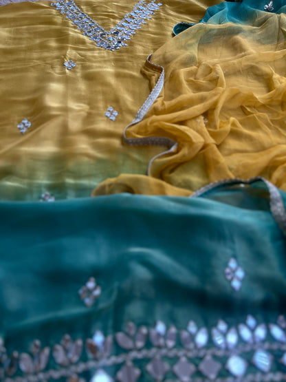 Radiant Ombre Silk Suit with Handcrafted Mirror & Gota Detailing