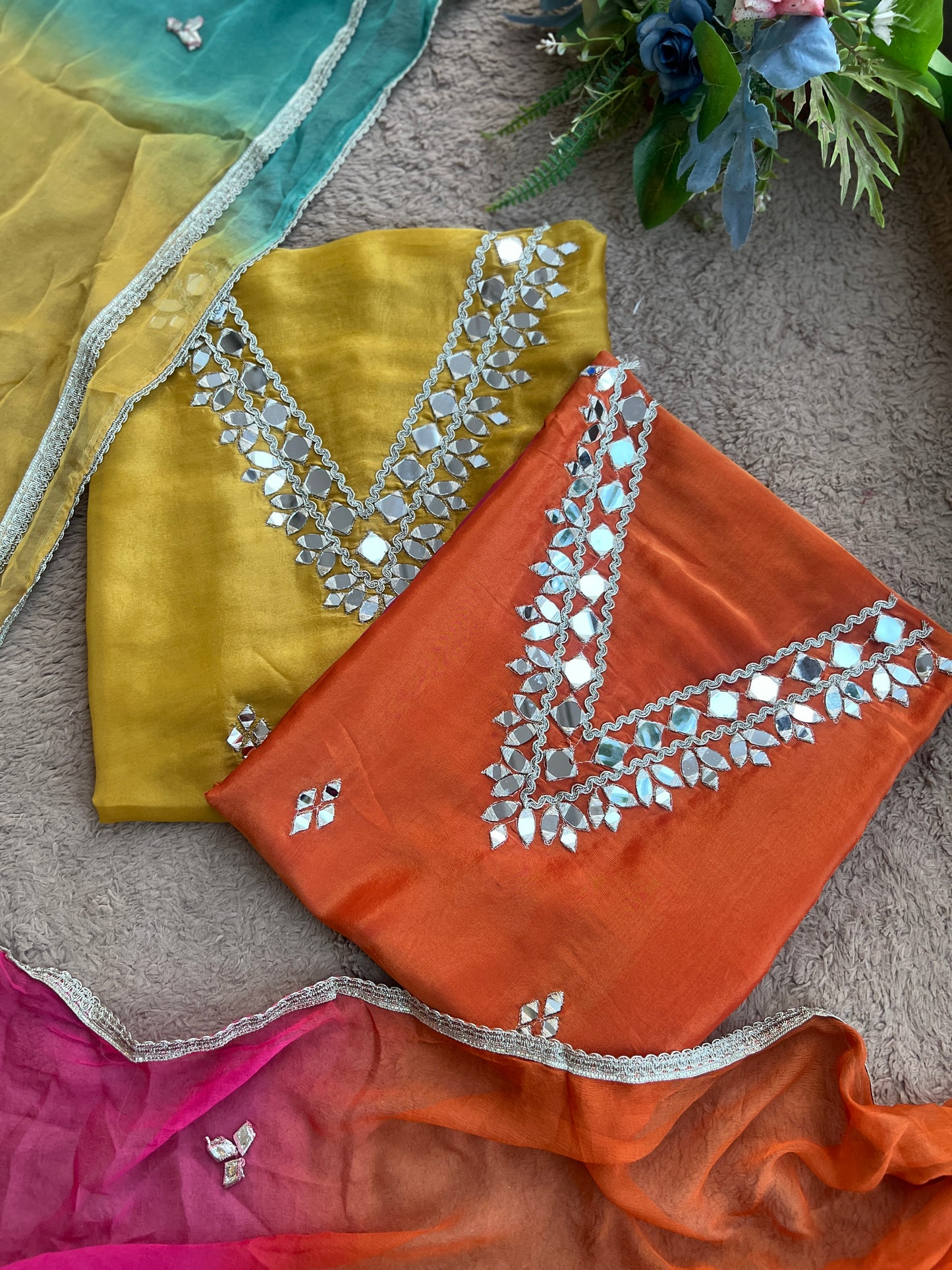 Radiant Ombre Silk Suit with Handcrafted Mirror & Gota Detailing