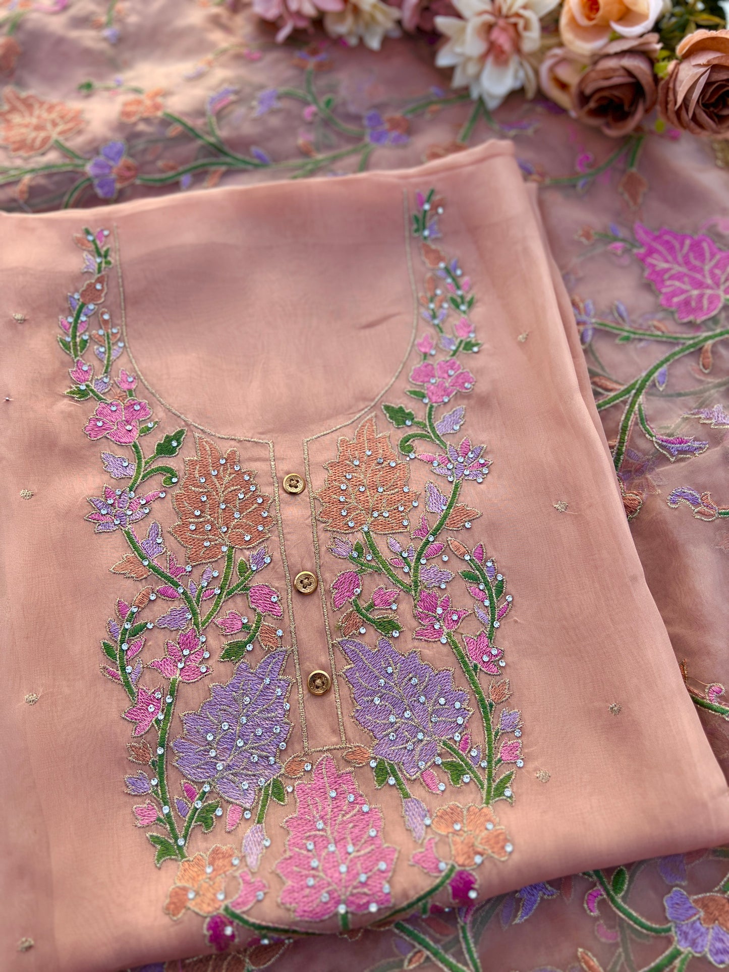Pastel Peach Embroidered Organza Suit