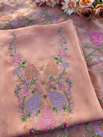 Pastel Peach Embroidered Organza Suit