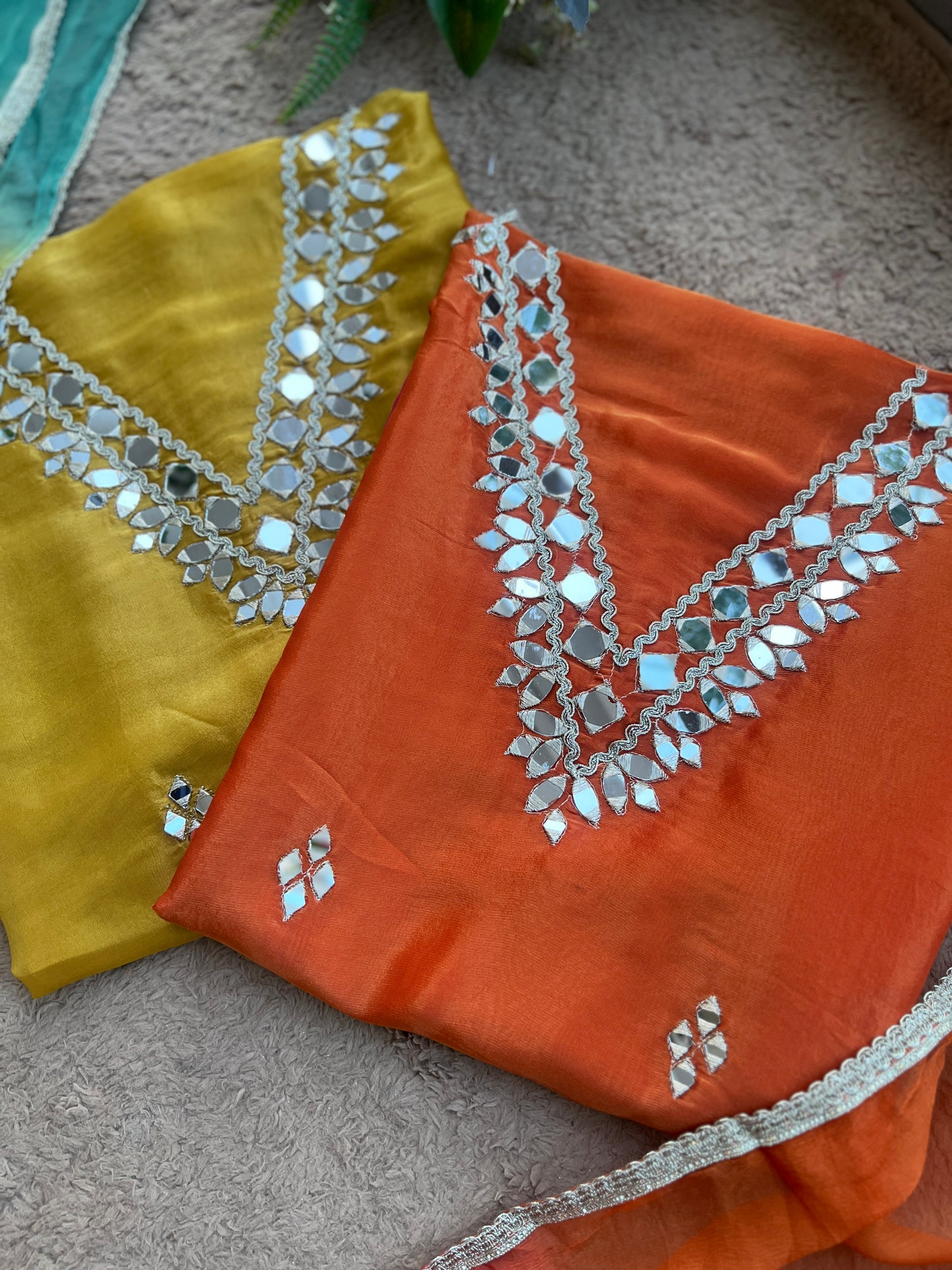 Radiant Ombre Silk Suit with Handcrafted Mirror & Gota Detailing