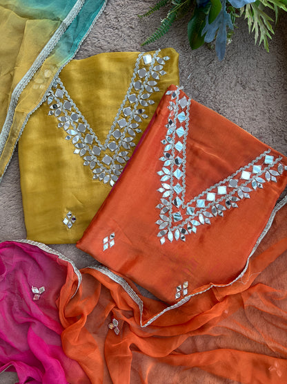 Radiant Ombre Silk Suit with Handcrafted Mirror & Gota Detailing