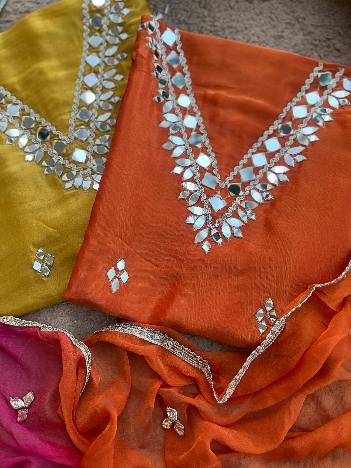 Radiant Ombre Silk Suit with Handcrafted Mirror & Gota Detailing