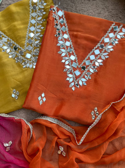 Radiant Ombre Silk Suit with Handcrafted Mirror & Gota Detailing