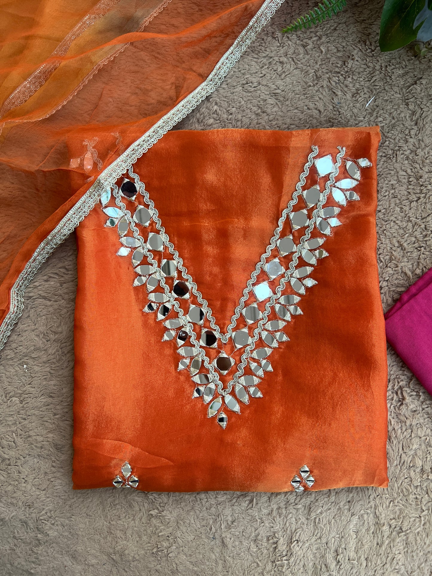 Radiant Ombre Silk Suit with Handcrafted Mirror & Gota Detailing