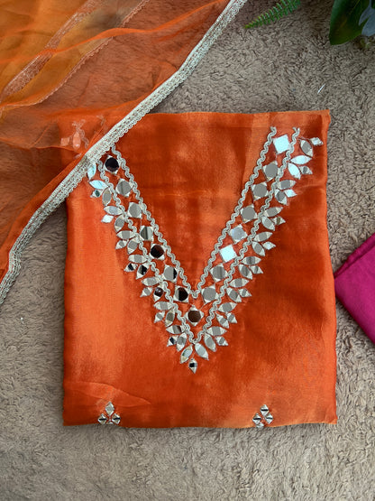 Radiant Ombre Silk Suit with Handcrafted Mirror & Gota Detailing