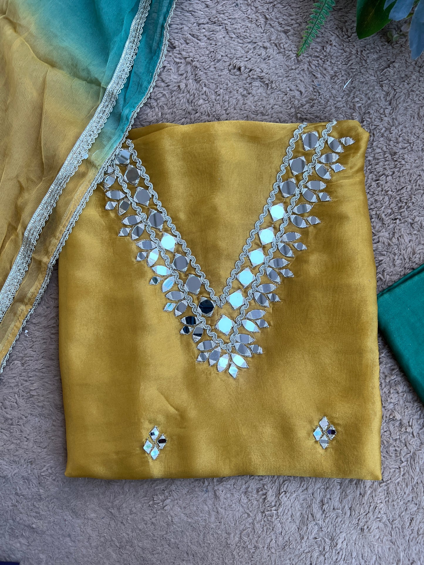 Radiant Ombre Silk Suit with Handcrafted Mirror & Gota Detailing