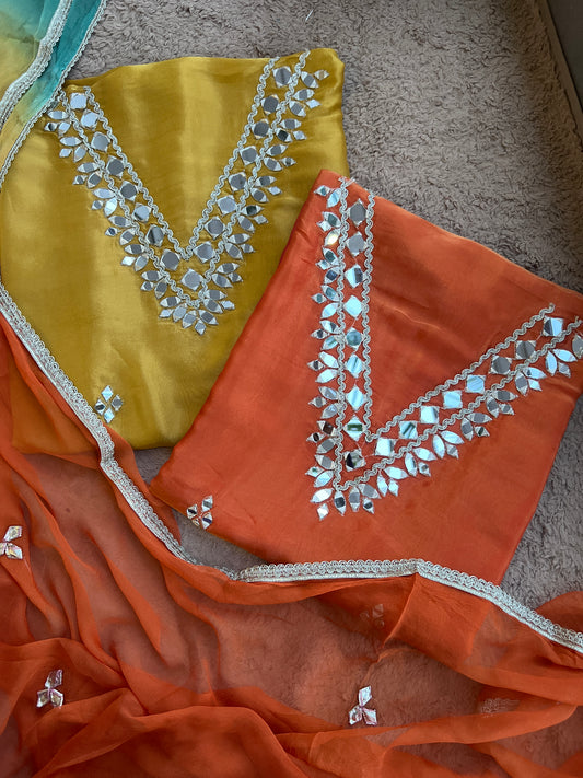 Radiant Ombre Silk Suit with Handcrafted Mirror & Gota Detailing