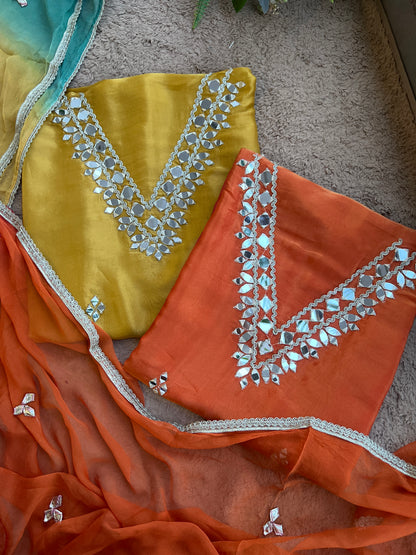 Radiant Ombre Silk Suit with Handcrafted Mirror & Gota Detailing