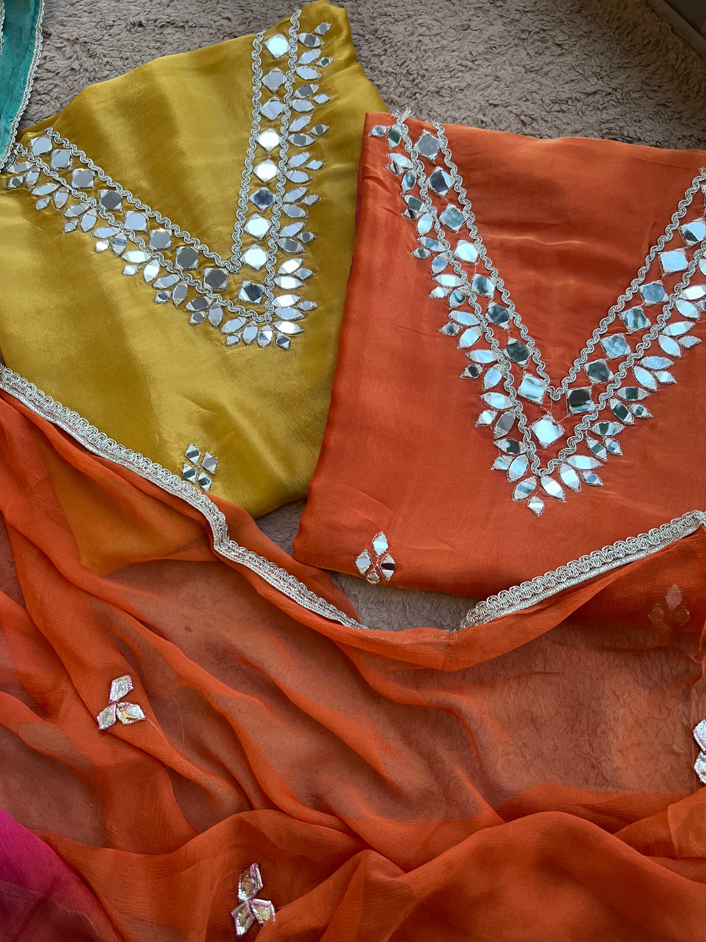 Radiant Ombre Silk Suit with Handcrafted Mirror & Gota Detailing