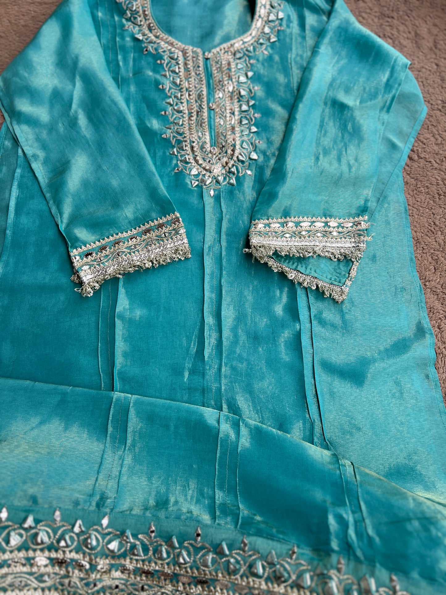 Luxe Ice Blue Shimmer Silk Salwar Suit with Stunning Gota Work