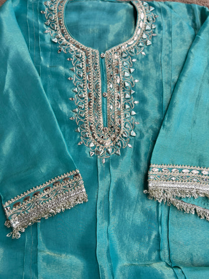 Luxe Ice Blue Shimmer Silk Salwar Suit with Stunning Gota Work