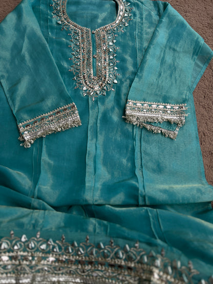 Luxe Ice Blue Shimmer Silk Salwar Suit with Stunning Gota Work