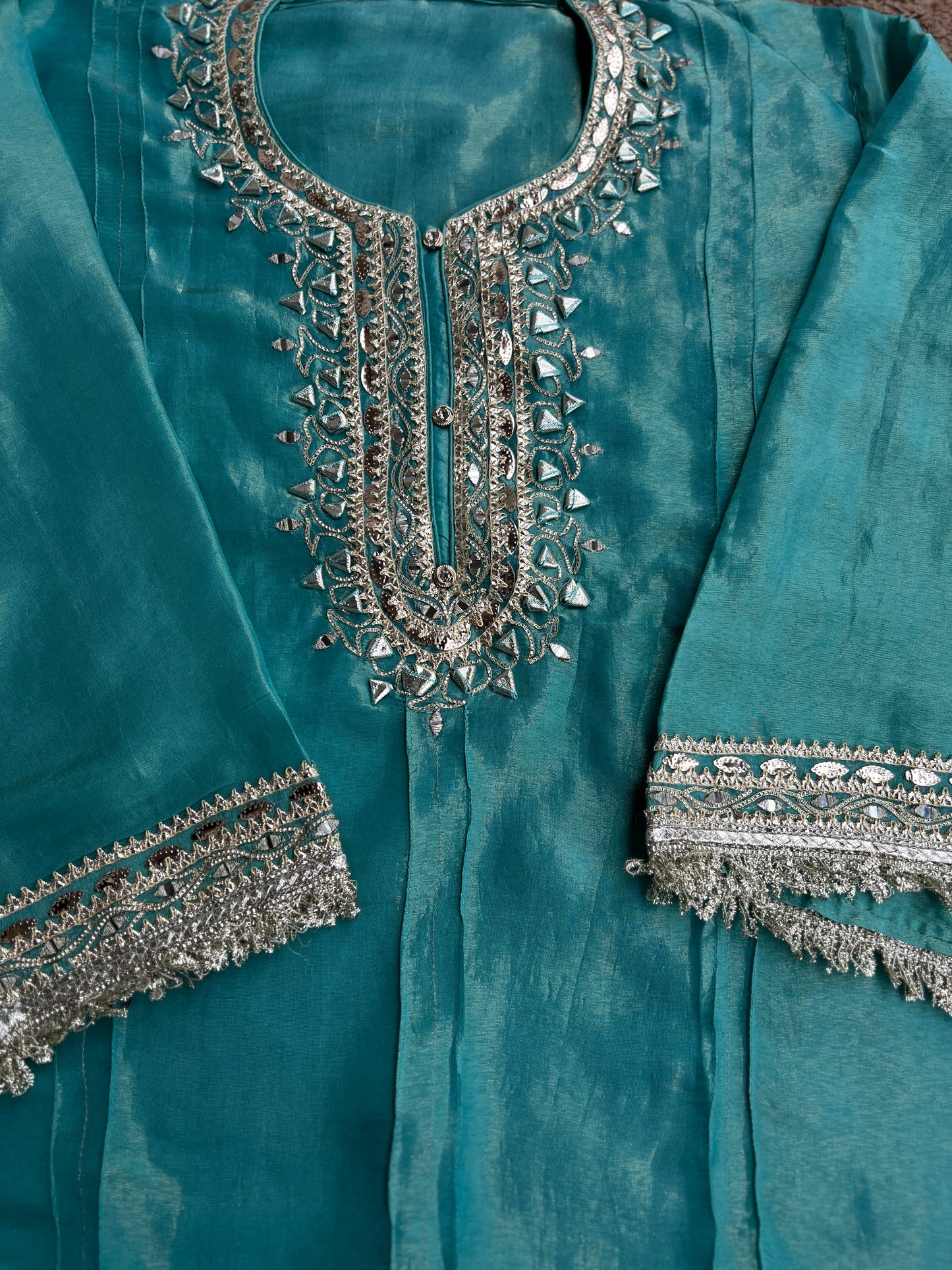 Luxe Ice Blue Shimmer Silk Salwar Suit with Stunning Gota Work