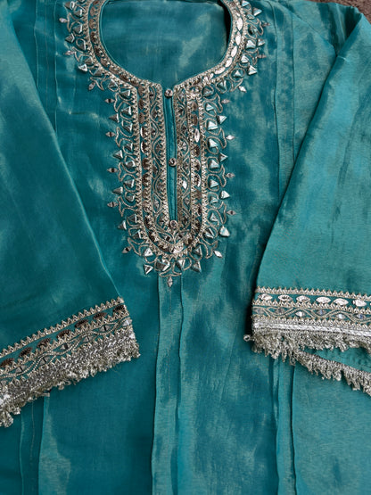 Luxe Ice Blue Shimmer Silk Salwar Suit with Stunning Gota Work