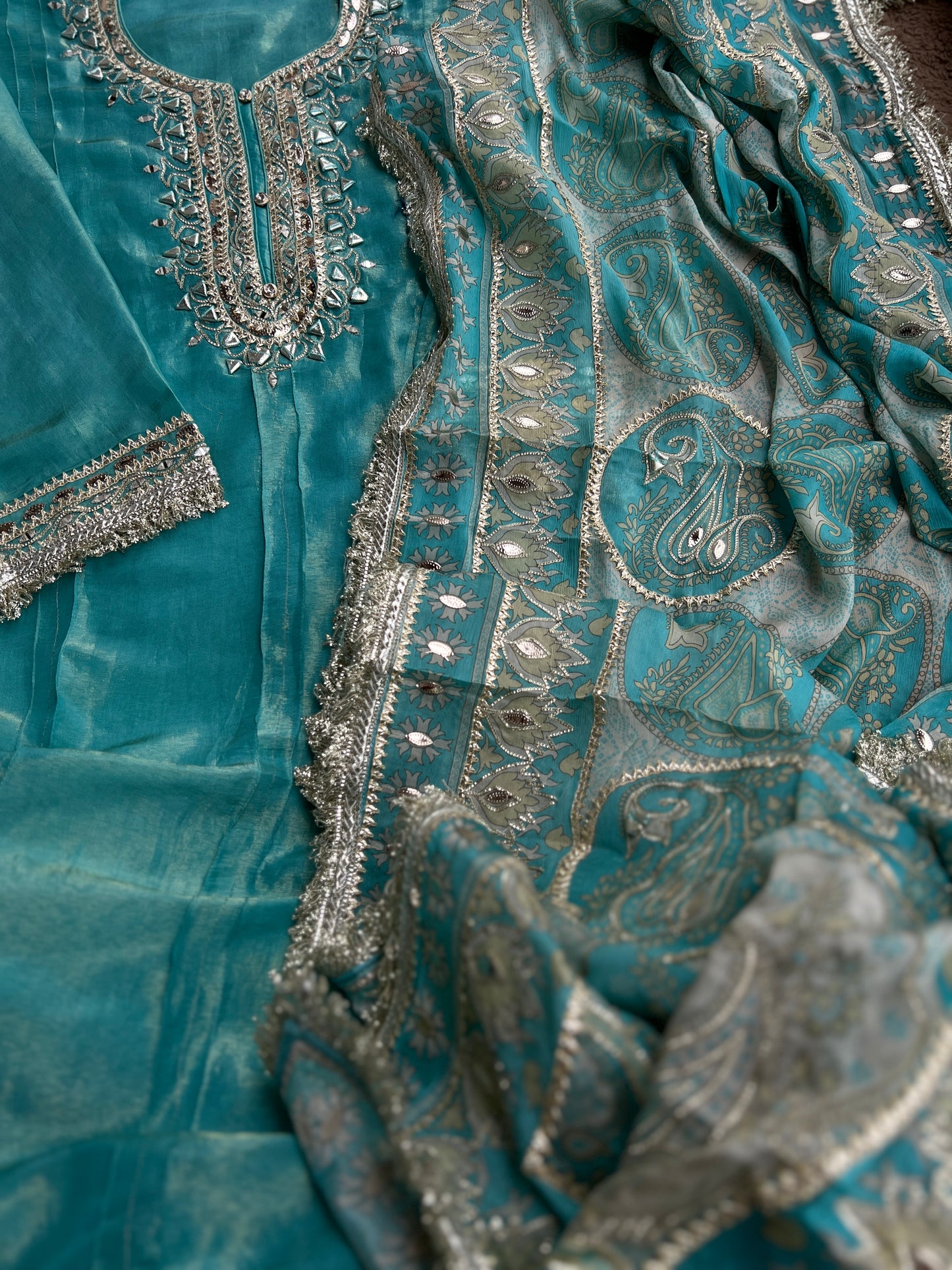 Luxe Ice Blue Shimmer Silk Salwar Suit with Stunning Gota Work