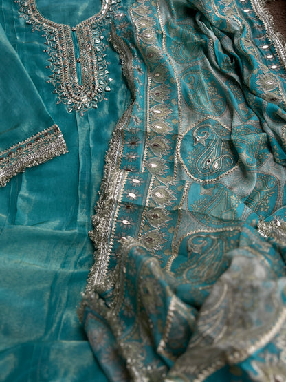Luxe Ice Blue Shimmer Silk Salwar Suit with Stunning Gota Work