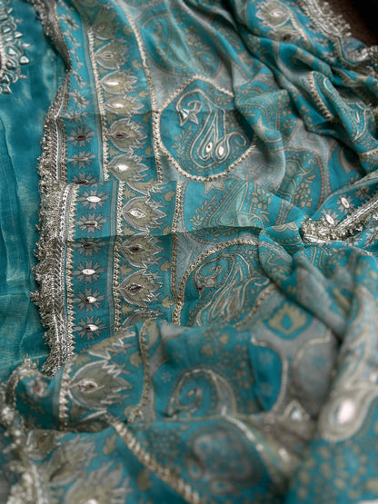 Luxe Ice Blue Shimmer Silk Salwar Suit with Stunning Gota Work