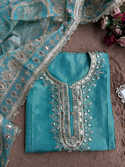 Luxe Ice Blue Shimmer Silk Salwar Suit with Stunning Gota Work
