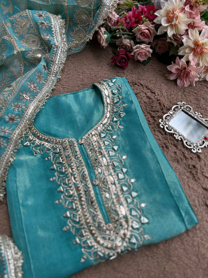Luxe Ice Blue Shimmer Silk Salwar Suit with Stunning Gota Work