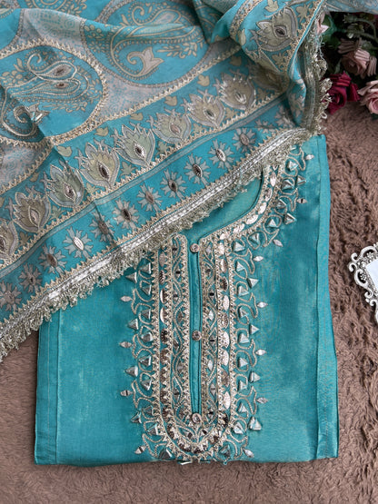 Luxe Ice Blue Shimmer Silk Salwar Suit with Stunning Gota Work