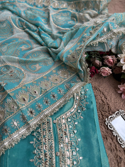 Luxe Ice Blue Shimmer Silk Salwar Suit with Stunning Gota Work