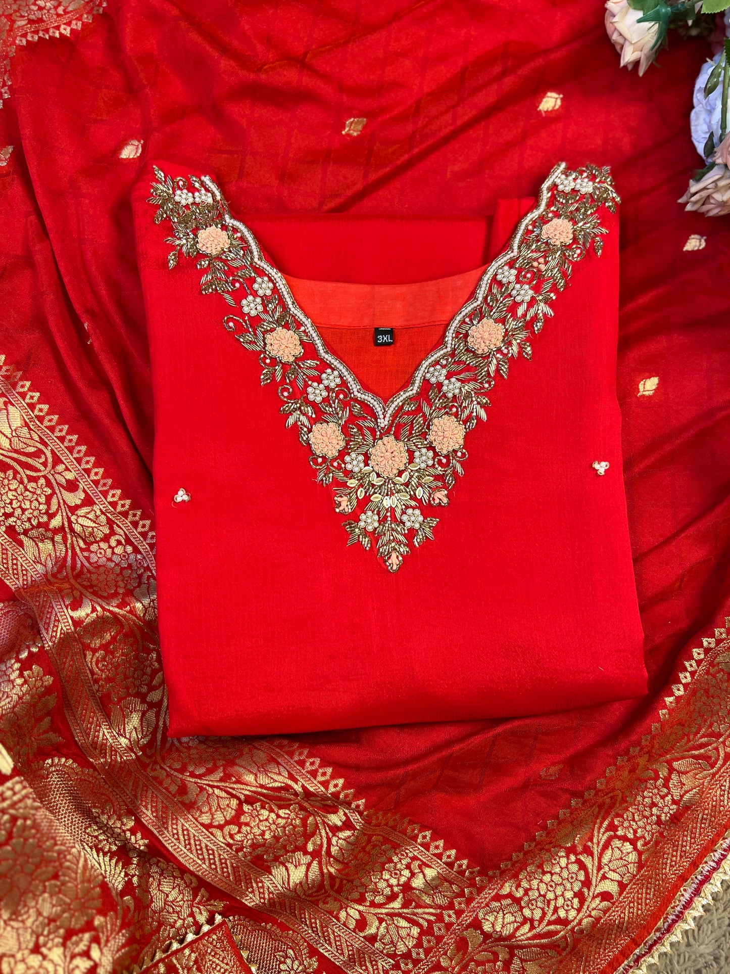 Red Chinnon Suit with Handwork & Silk Banarasi Dupatta
