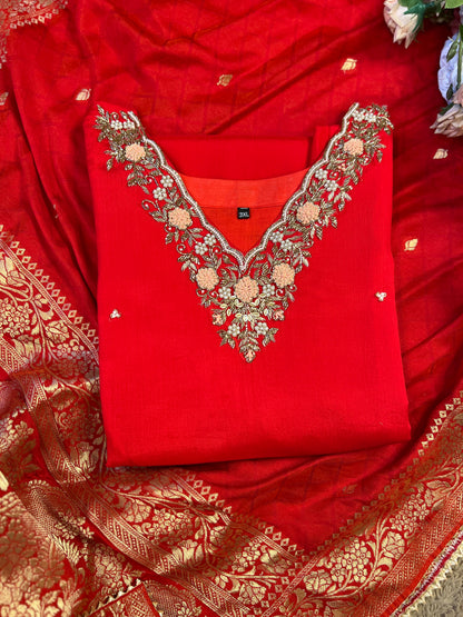 Red Chinnon Suit with Handwork & Silk Banarasi Dupatta