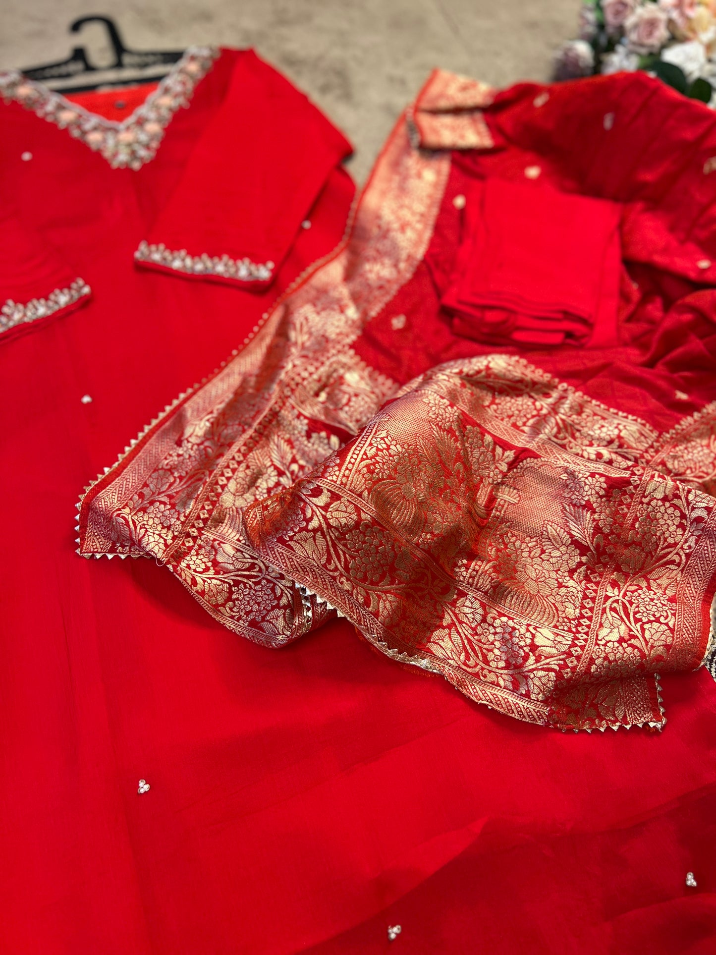 Red Chinnon Suit with Handwork & Silk Banarasi Dupatta
