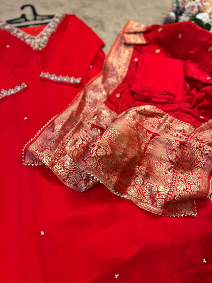 Red Chinnon Suit with Handwork & Silk Banarasi Dupatta