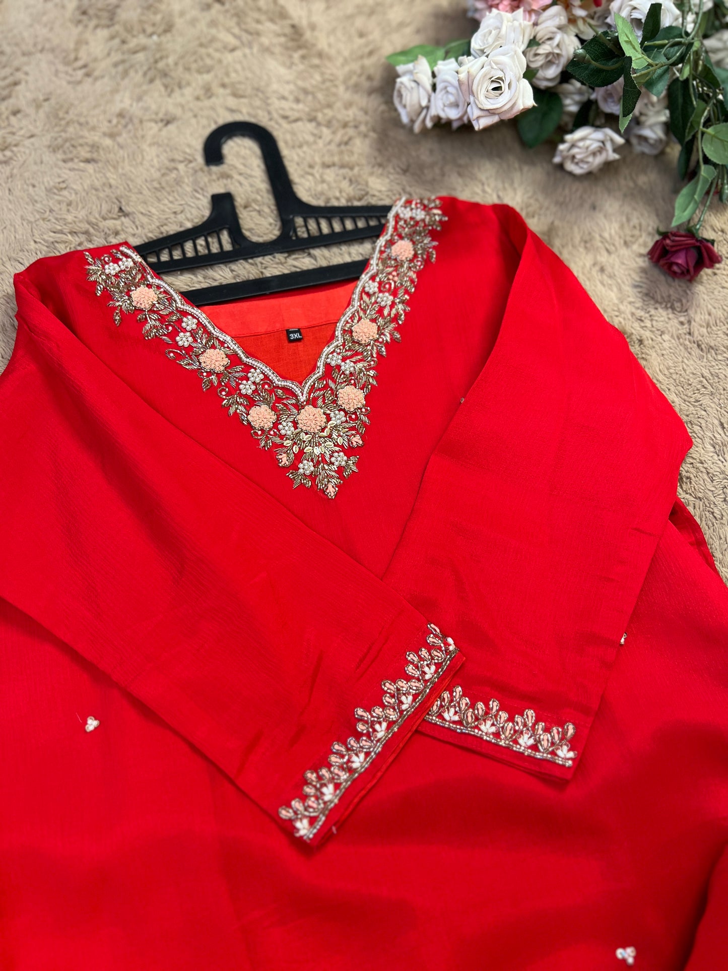 Red Chinnon Suit with Handwork & Silk Banarasi Dupatta