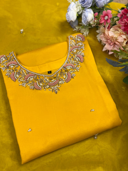 Mustard Yellow Chinnon Handwork Ready to wear Suit