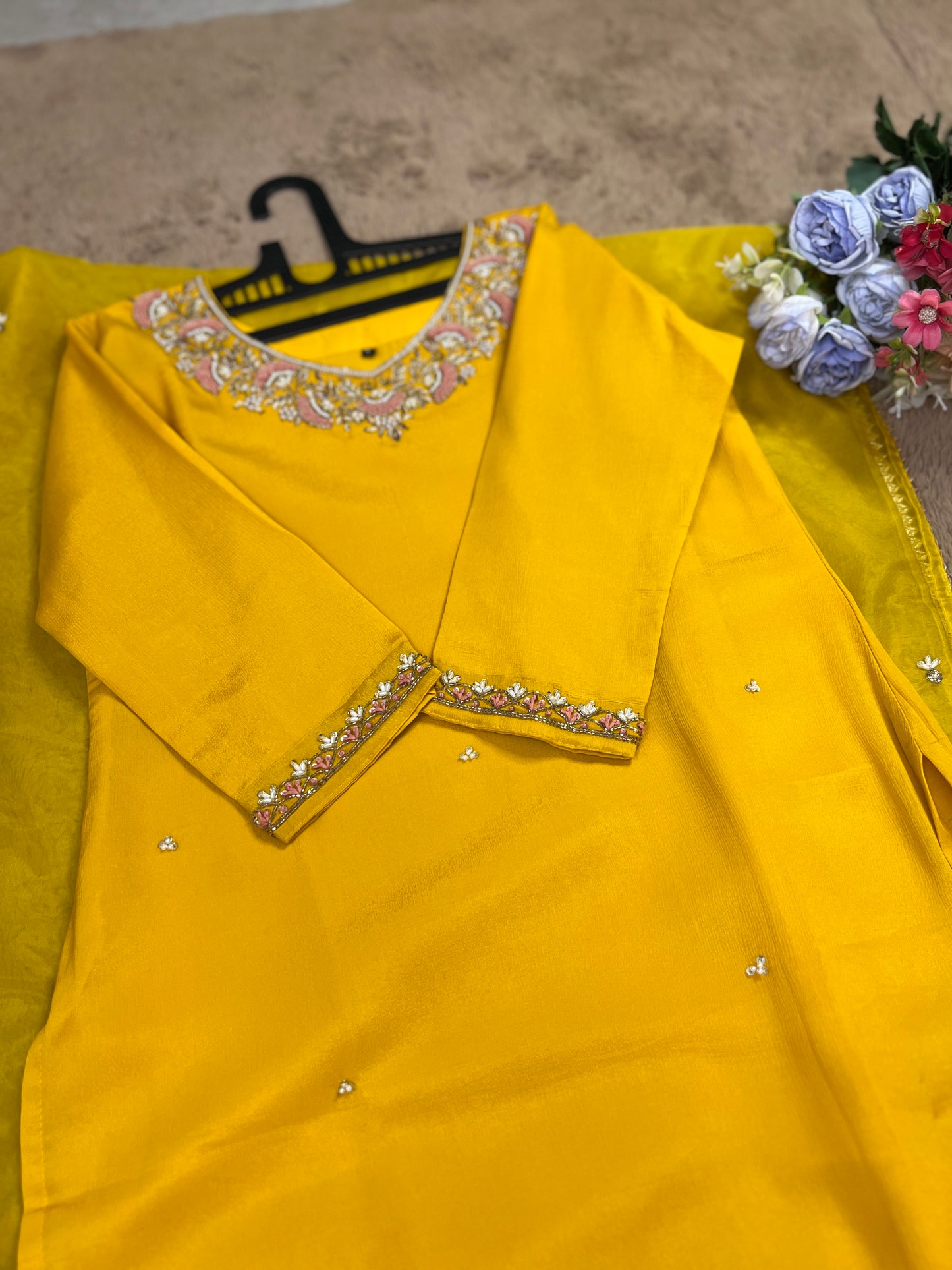 Mustard Yellow Chinnon Handwork Ready to wear Suit